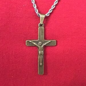 Antiqued Bronze Gold Crucifix Pendant on Tri-Color Stainless Steel Chain